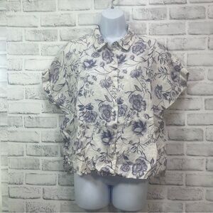 Cynthia Rowley Floral Linen Cuffed Sleeves Button Up Shirt Small